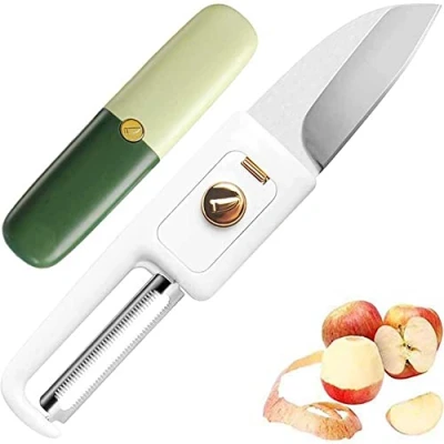 Image of Fruit Peeler,2 in 1 Peeler Cutter,Portable Vegetable Peelers Paring Knife 2 Tools, Easy Peeling &amp; Cutter Veggie Potato Carrot Apple for Kitchen Office Outdoor