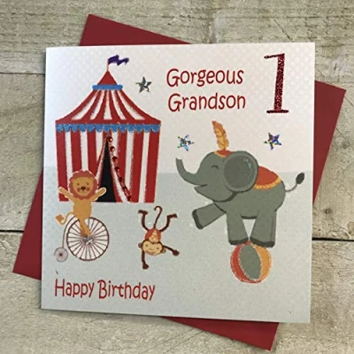 Image of white cotton cards GL247&quot;Gorgeous Grandson 1 Happy Birthday&quot; Handmade 1St Birthday Card