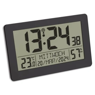 Image of TFA Dostmann Large Digital Radio Wall Clock with Temperature Display, Date, Days of The Week, Black, L 206 x B 30 (59) H 130 mm