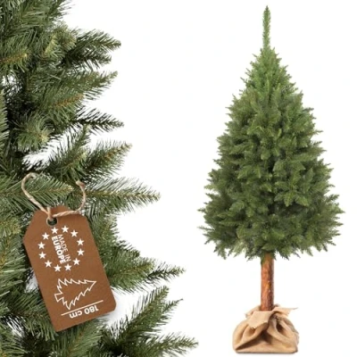Image of KADAX Christmas Tree 6ft, Artificial Xmas on Natural Pine Trunk, Green Holiday with Plastic Stand, Decorative Realistic Appearance