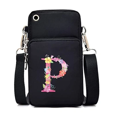 Image of FINDING CASE initial letter Printed Women Girls men Zipper Waterproof Nylon 3 Layers Crossbody Bags Wallet Cellphone Purse Shoulder Bag Wristlet Handbags Adjustable Strap (pink P)