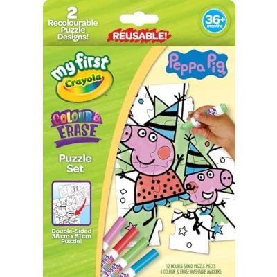 Image of Crayola My First Colour &amp; Erase Puzzle Set Peppa Pig With 12 Double Sided Pieces 4 Washable Markers Reusable Kit for Kids Ages 3+