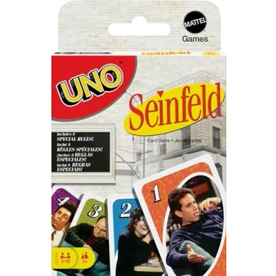 Image of Mattel Games UNO Seinfeld Card Game for Kids, Adults &amp; Family Nights with Collectible Deck Special Rule Inspired by The TV Show