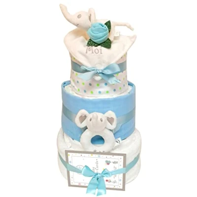 Image of Gift For Baby Shower A New Born Boy Set 3 Tier Nappy Cake Blue Hamper Elephant Themed Present