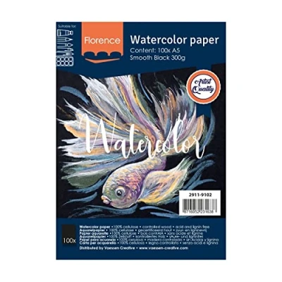 Image of Vaessen Creative Florence Hot Pressed Watercolour Paper A5, Black, 300 GSM, Smooth Surface, Artist Grade Quality, 100 Sheets for Painting, Hand Lettering, Art Projects