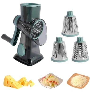 Image of Rotary Cheese Grater, Stainless Steel Round Vegetable Slicer with 3 Drums Blades Vacuum Suction Base, Drum Grater Chopper Cutter Non Slip Detachable for Potato Zucchini Nuts