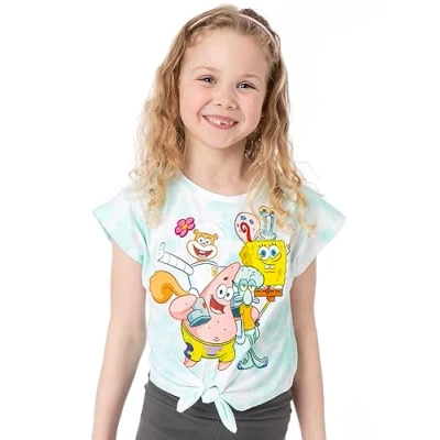 Image of SPONGEBOB SQUAREPANTS Tie Dye T Shirt Girls Kids Gary Patrick Sandy Cheeks Squidward Characters Front Blue Wash Top Series Movie Clothes Merchandise