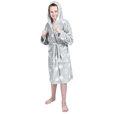 Image of Kids Soft Fleece Bathrobe Hooded Warm Dressing Gown Flannel Bath Robe Boys Girls, 4 5 Years, Stars, Grey