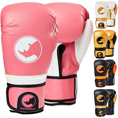 Image of MAXSTRENGTH Boxing Gloves Sparring Equipment Mitts Fighting Kickboxing MMA Muay Thai Focus Pads Punching (Pink/White, 14oz)