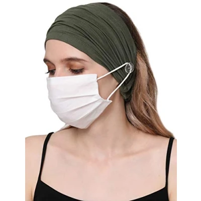 Image of Deresina Unisex Stretchy Extra Wide Headband with Button for Facecover Masks (Khaki (Mask Not Included))