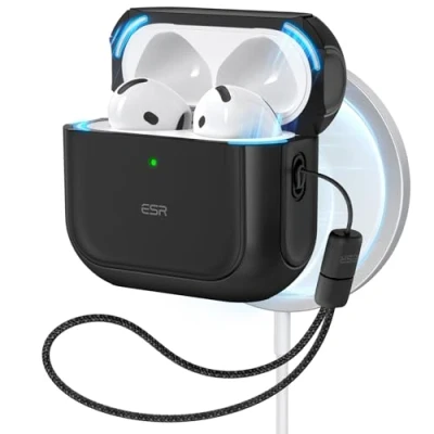 Image of ESR for AirPods 4 Case, Compatible with 4th Generation Case (2024) (USB C), MagSafe, Drop Protection Cover Lanyard, Magnetic Lid Lock, Orbit Hybrid Black