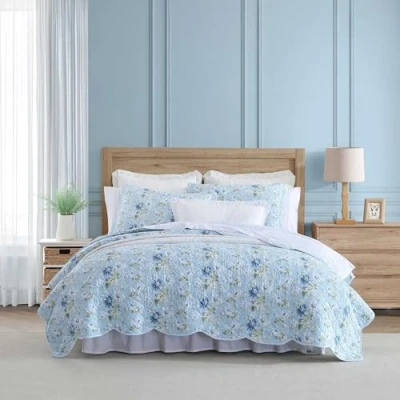 Image of Laura Ashley Quilt Set, Super Soft Bedding with Matching Sham, Scalloped Edge Design (Peony Garden Blue, King)