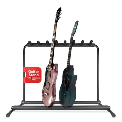 Image of Pyle, Multi Guitar Stand 7 Holder, Foldable Rack, Floor, Portable for Multiple Guitars, W/ No Slip Rubber Padding &amp; Bag, Black