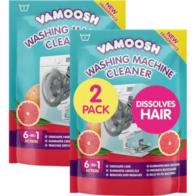 Image of Vamoosh 6 in 1 Washing Machine Cleaner, Pink Grapefruit Scent. Dissolves Hair, Eliminates Bad Odours, Removes Limescale, Deep Clean, Leaves Smelling Fresh, Antibacterial, Descales. 2 Sachets, Washes