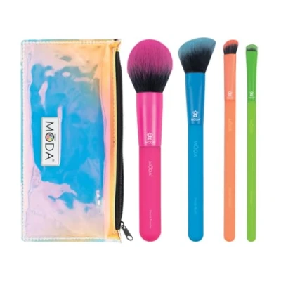 Image of Moda Royal &amp; Langnickel Full Size Electric 5pc Brush Set with Pouch, Includes Round Powder, Angled Blush, Shader and Smudger Brushes, Multicolor Neon