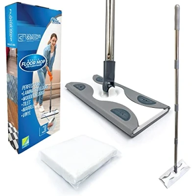 Image of Static Floor Wipes Mop, Flat Mop with Disposable for Quick and All Purpose Cleaning, Mops Laminate Floors, Tiled, Wooden, or Vinyl − Dust Kit 10 Dry