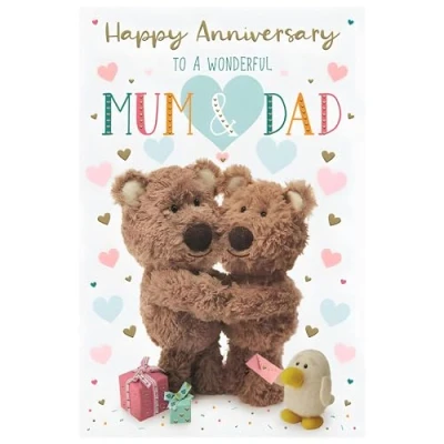 Image of Mum and Dad Anniversary Card Barley Bear Teddies Love Hearts Design Special Finishes Illustrated Insert Leaf Made in the UK Eco Friendly