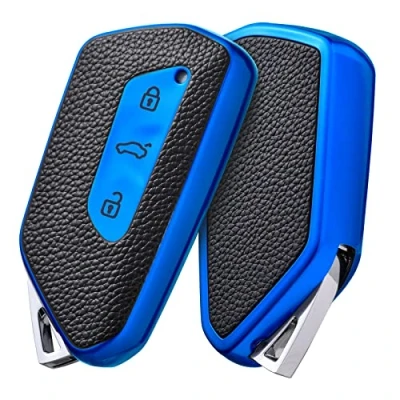 Image of OATSBASF Key Case Suitable for VW, Car Golf 8 Seat Leon MK 4 Tarraco Ateca Skoda Octavia 2020 TPU Silicone Protective (Blue Leather)