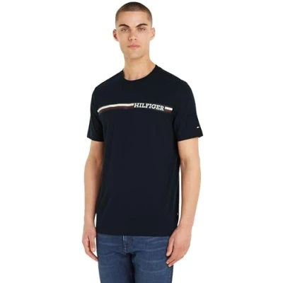 Image of Tommy Hilfiger Monotype Chest Stripe TEE Print Tshirt, Men&#039;s, Size: Small, Desert sky