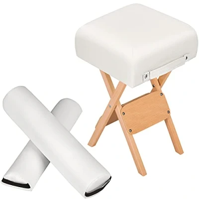 Image of TecTake® Massage Set with Folding Stool, 1 Full Foam Roller &amp; Half Roller, Foldable Chair Padding, Durable Faux Leather Covers, Stool for Home, Spa, Salon White