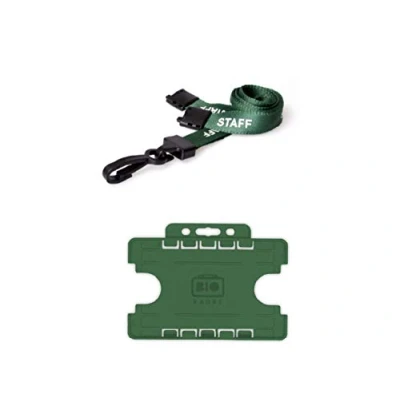 Image of ID Badge card Pass Name Holder Double Sided for two credit sized cards and 15mm Staff Neck Strap Lanyard with Safety Breakaway Plastic Clip Work, School, Office Accessories, Nurses Green