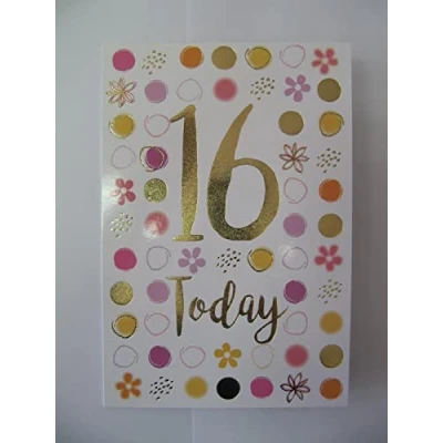 Image of 16 TODAY 16TH BIRTHDAY WONDERFUL COLOURFUL GOLD &amp; PINK DOTS GREETING CARD