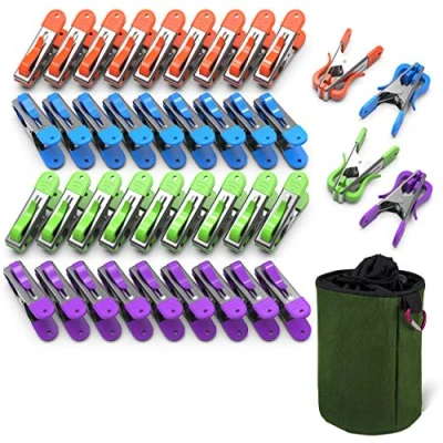 Image of VOUNOT 40pcs Clothes Pegs and Bag for Washing Line, Stainless Steel Laundry wiht Soft Grip Hooks, Non Slip Strong, Multicolor