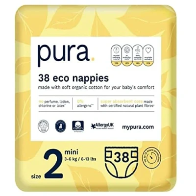 Image of Pura Baby Nappies Size 2 (Mini 3 6kg / 6 13 lbs) 1 pack of 38 Nappies, New Baby, Allergy UK Approved, Made with Organic Cotton, Wetness Indicator, Night Time