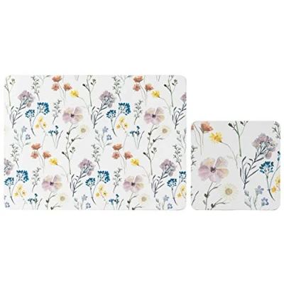 Image of Sets of 4 (8 pc) Pressed Flowers Placemat &amp; Coaster Set, Floral Cork Backed Placemats Coasters, Kitchen Protector Mats for Decoration, Heat Resistant Coating.