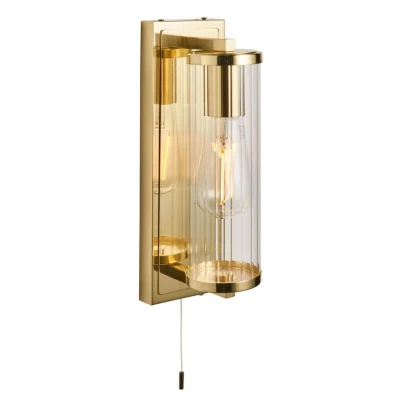 Image of Como Bathroom Wall Lamp Satin Brass Plate &amp; Clear Ribbed Glass IP44