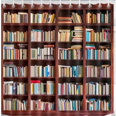 Image of Library Bookshelf Shower Curtain Books in Study Bookcase Bath Curtains with Hooks,Extra Wide Anti Mould Polyester Fabric Waterproof Bathroom 60x72&quot;(W*H)