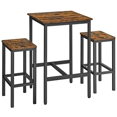 Image of VASAGLE Bar Table and Chairs Set, Square with 2 Stools, Dining Pub Set for 2, Space Saving Kitchen Breakfast, Living Room, Party Rustic Brown Black