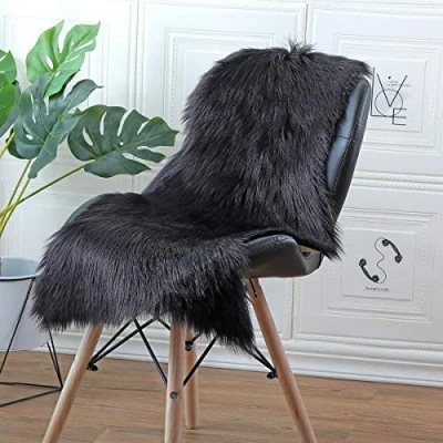 Image of HLZDH Faux fur Soft Fluffy single sheepskin stule Style Rug, Fleece Chair Cover Seat Pad Shaggy Area Rugs For Bedroom Sofa Floor(Black, 50 X 80 CM)