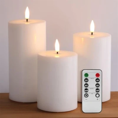 Image of Eywamage White Flat Top Flameless Pillar Candles with Remote, Flickering Real Wax LED Battery Φ 3&quot; H 4&quot; 5&quot; 6&quot;