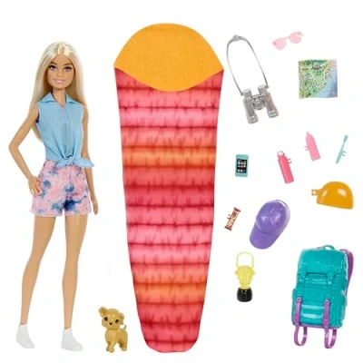 Image of Barbie It Takes Two Doll Camping Playset, with Blonde Hair, Toy Puppy, Sleeping Bag and 10 Accessories, Toys for Ages 3 Up, One Doll, HDF73