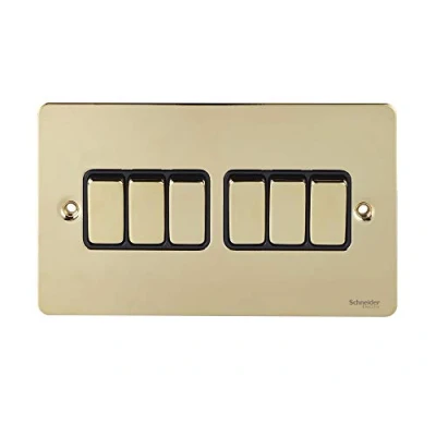 Image of Schneider Electric Ultimate Flat Plate 6 Gang Rocker 2 Way Light Switch, Single Pole, 16AX, GU1262BPB, Polished Brass with Black Insert