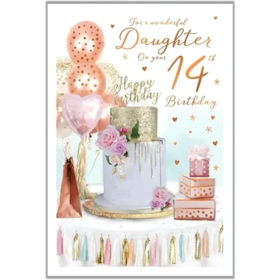 Image of Daughter 14th Birthday Card Age 14 Special Finishes Feminine Cake and Balloons Design Illustrated Insert Leaf Made in the UK Eco Friendly