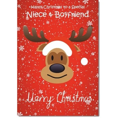 Image of doodlecards Niece and Boyfriend Christmas Card Rudolph on Red Background Medium Size for &amp; with Plain Envelope