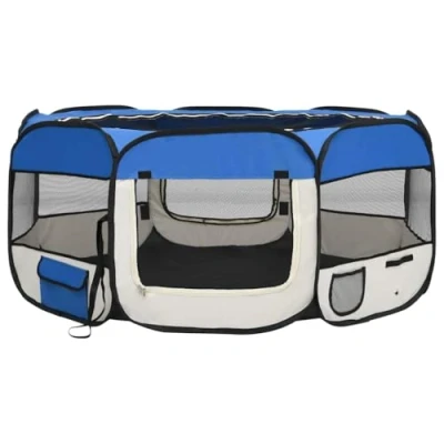 Image of vidaXL Foldable Dog Playpen in Blue Spacious and Portable Training Cage with Steel Frame, Netted Door Roof, Zipper Closure, Side Pockets &amp; Carrying Bag