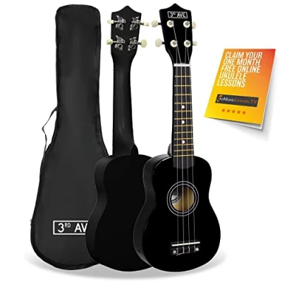 Image of 3rd Avenue Soprano Ukulele Beginner 21 Inch 4 Nylon Strings with FREE Uke Bag Black 1 Month Online Lessons