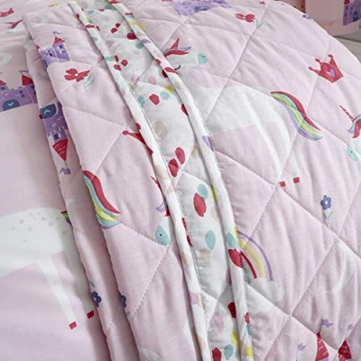 Image of Happy Linen Company Girls Kids Unicorns Princess Rainbows Pink Reversible Quilted Throwover