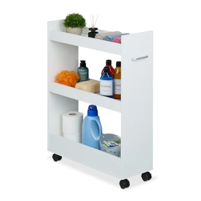 Image of Relaxdays Slim Rolling Cart, 3 Shelves, HWD: 78 x 21.5 63 cm, Storage for Bathroom and Kitchen, Narrow Trolley, White, Plastic, Fibreboard, Steel
