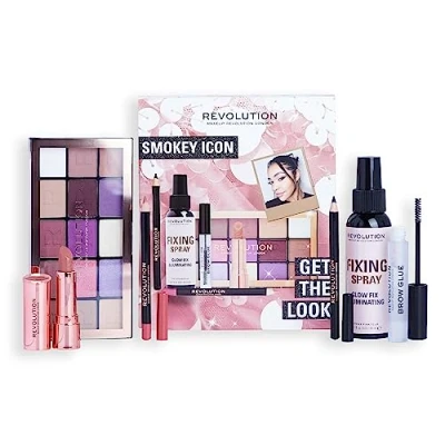 Image of Makeup Revolution Get The Look Gift Set Smokey Icon, Eye Palette, Eyeliner, Lipstick, Brow Glue &amp; Setting Spray Included, Various Shades