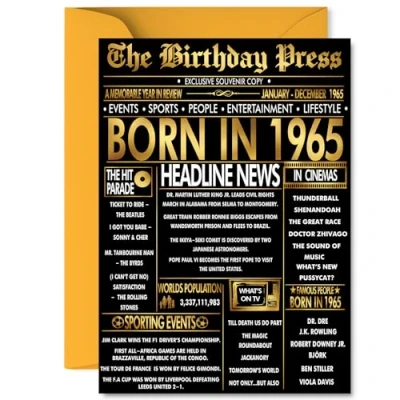 Image of Gold 60th Birthday Card for Men Women Black &amp; Golden Newspaper Born in 1965 Happy 60 Cards Neighbour Friend Uncle Cousin Dad Husband, A5 Bday Greeting