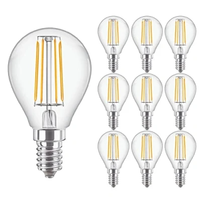 Image of Philips 10 Pack Classic LED Clear Filament Golf Ball P45 Lamp 4.3W (40W) E14 SES Small Edison Screw 2700k Warm White 470 Lumen 15000 Hours Car Air Freshener Included 80+ CRI