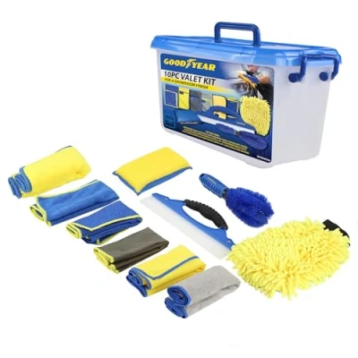 Image of Goodyear 10 piece Valet Kit Complete Car Detailing Set Includes Interior &amp; Exterior Cleaning Tools, Brushes, Microfiber Cloths Storage Bag Ideal For Home Professional Use Easily Washable