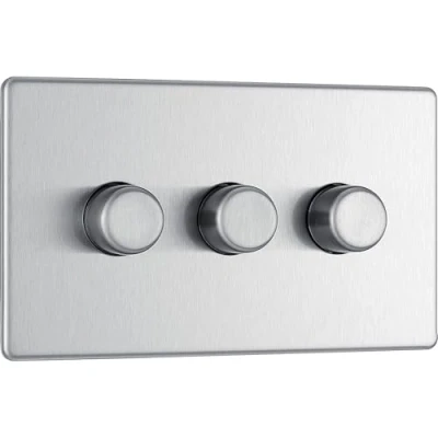 Image of BG Electrical Intelligent Triple Wall Dimmer Switch, 2 Way, Screwless Front Plate, Premium Flatplate, Brushed Steel, 200W, FBS83
