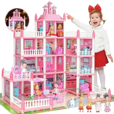 Image of Pink Doll Houses for Girls, Playhouse 4 Story 11 Rooms with Dolls &amp; Furniture Accessories Flashing Lights, Princess House Toy Toddler Birthday Gift 3 5 6 7 8 Year Old