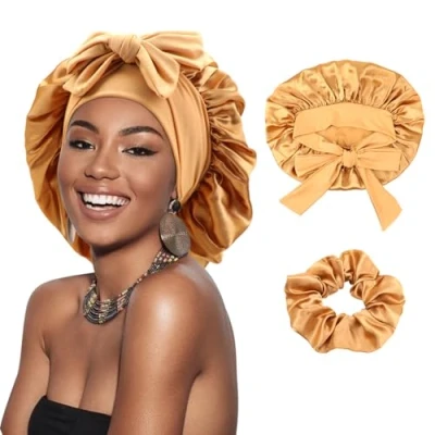 Image of DRESHOW Satin Braid Bonnet for Women Silk Sleeping Sleep Cap with Elastic Tie Band Night Long Curly Hair Locs