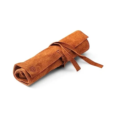 Image of Angus Stoke Leather Case for Pens, Brown Leonardo Handmade Pen Roll, 4 Compartments, Unisex